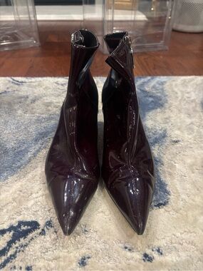 Zara Glossy Pointed-Toe Ankle Boots in Dark Wine